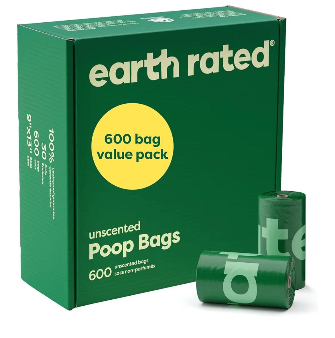 Box and rolls of Earth Rated unscented dog poop bags, 600-count value pack